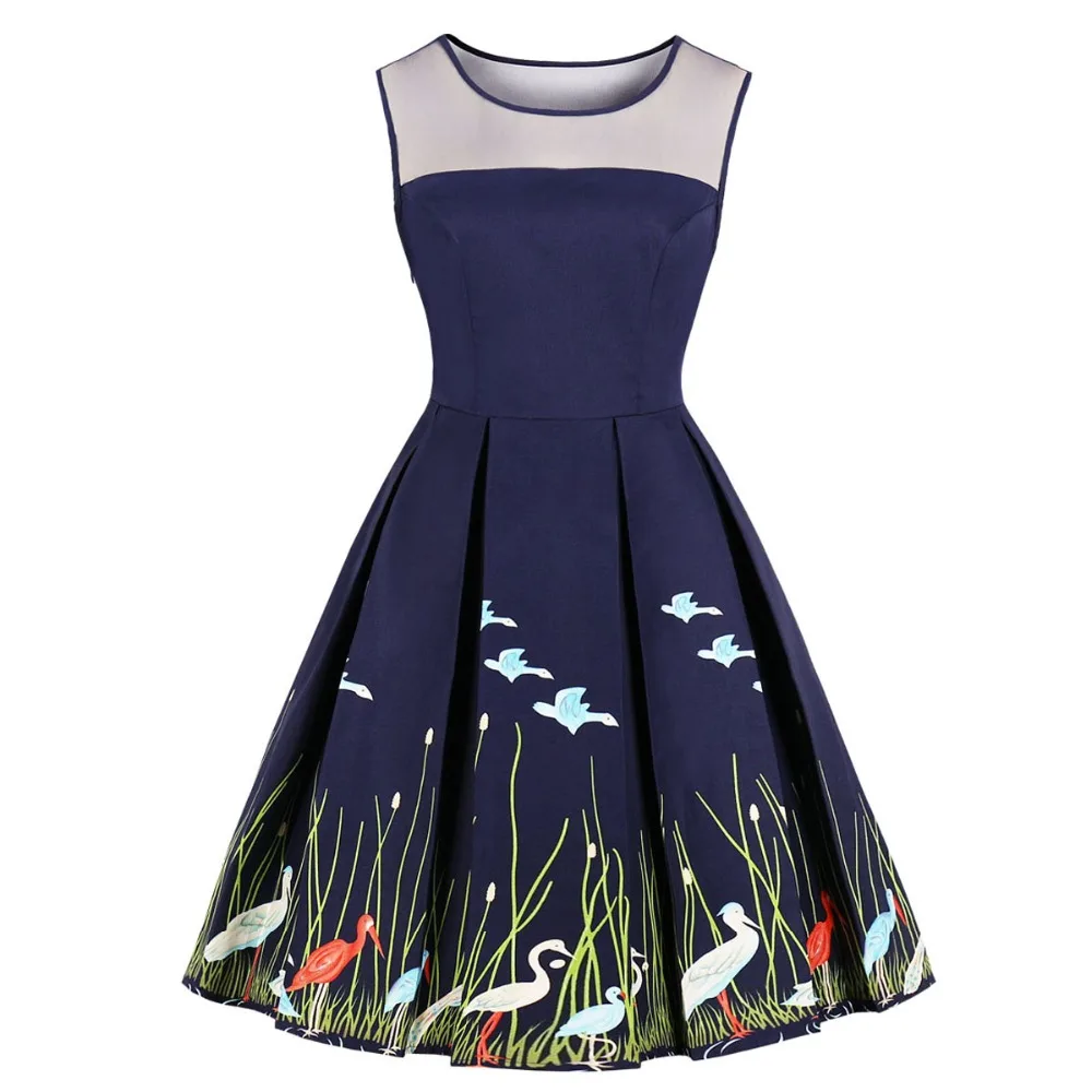 Женское винтажное платье с принтом птиц летнее хлопковое большого размера 60 s без