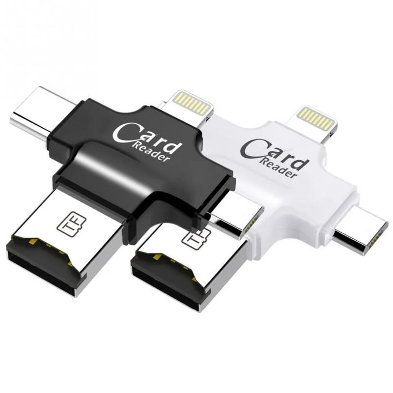 4 в 1 устройство для чтения телефонных карт с интерфейсом USB/Micro USB/type-C/lightning для Micro SD карты, соединяющейся со смартфоном-черный цвет