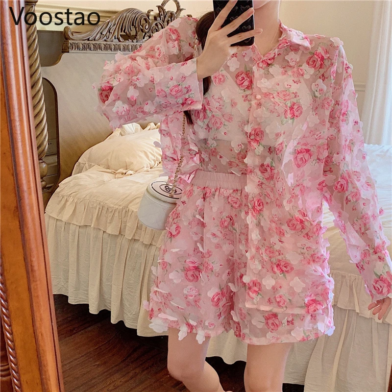 Женский шифоновый комплект из 2 предметов блузка с цветочным принтом свободный