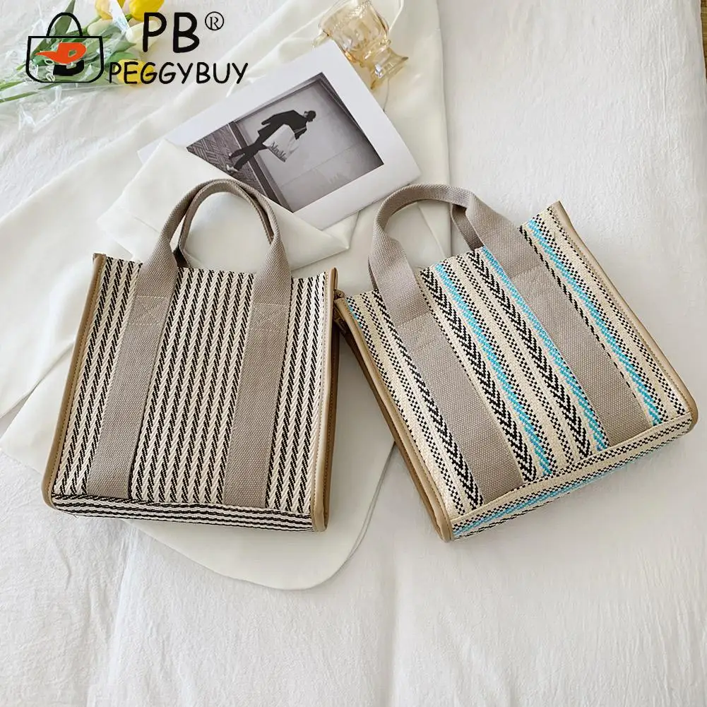 

New Small Beach Women Summer Bags Ladies Summer Beach Stripes Woven Tote Shopping Bag Fashion Women Large Handbags