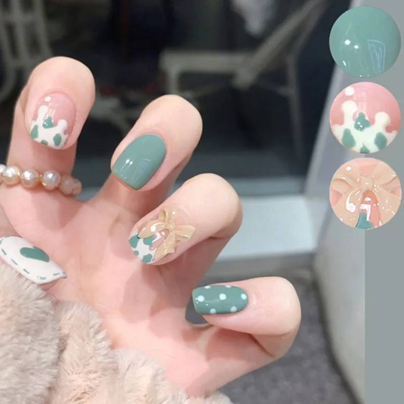 24pcs False Nails with Glue French Bowknot Long Fake Nails Press on Nails Candy Color Flower Heart Nail Art Tools