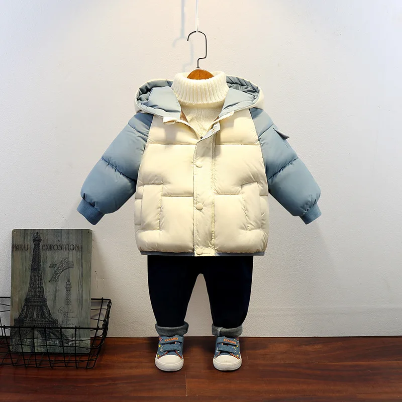 

2021 Autumn Winter Children Cotton Clothing Boys Girls Padded Hooded Jacket Kids Outerwear Baby Color Matching Coat TZ855