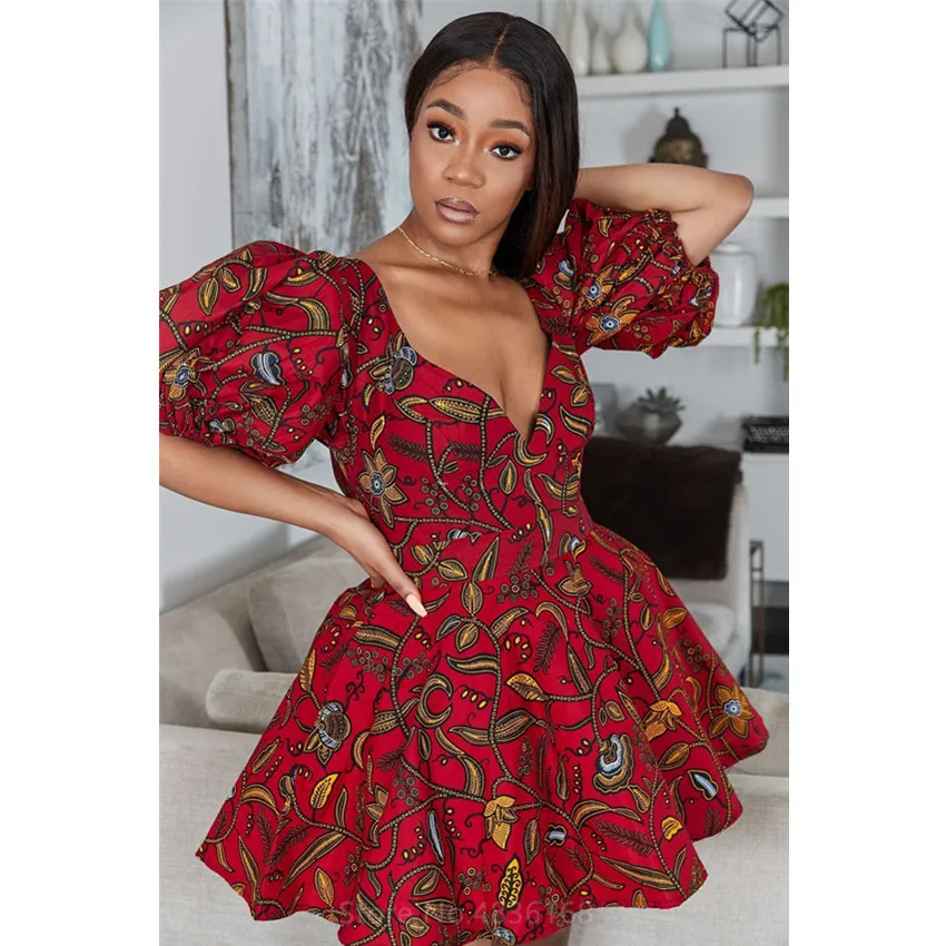 Lantern Sleeve African Clothes 2021 News Dashiki Print V-Neck Sexy Fashion Dress Plus Size Clothing Dresses for Women | Традиционная