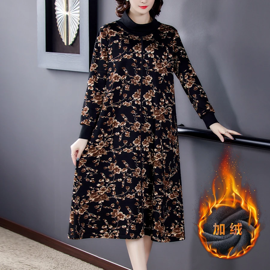 

Winter Vintage Floral Plush Padded Warm Dresses Autumn 5XL Plus Size Casual Print Midi New One Piece Dress Women Elegant Party
