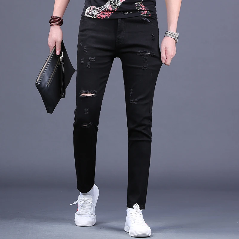 Summer Thin Black Ripped Jeans Men Streetwear Holes Slim Fit Pencil Pants