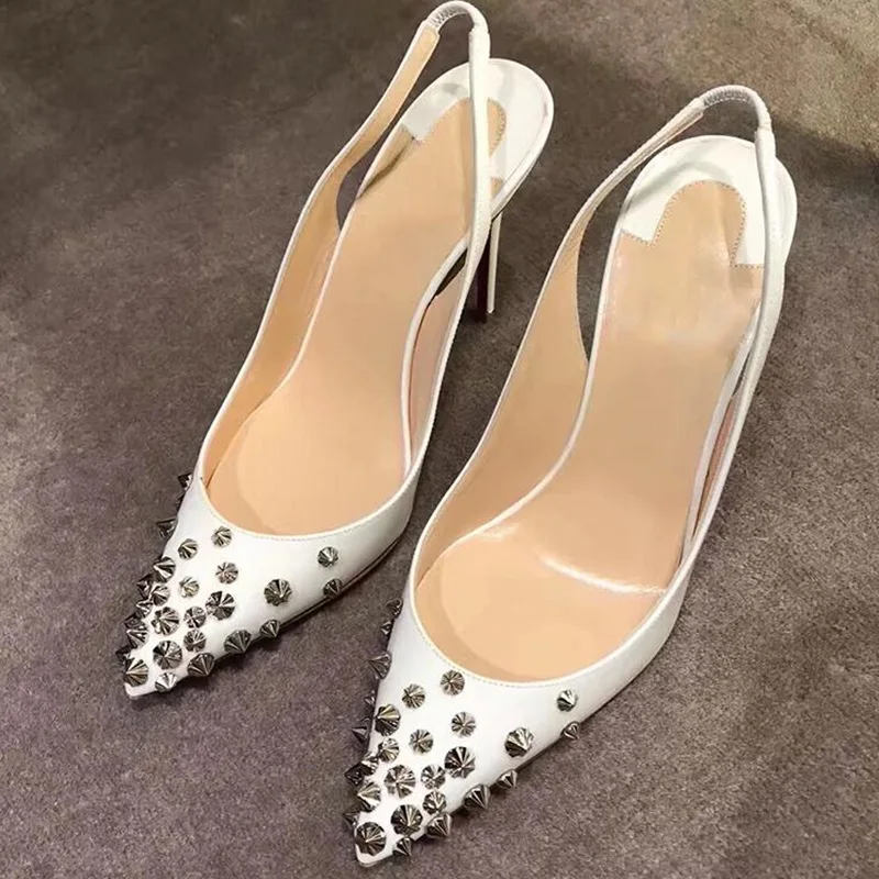 

Sexy Silver Rivets Pointed Toe Pumps White Patent Leather Slingback Shoes Cut-out Stiletto Heels Spikes Dress Shoes Big Size 45