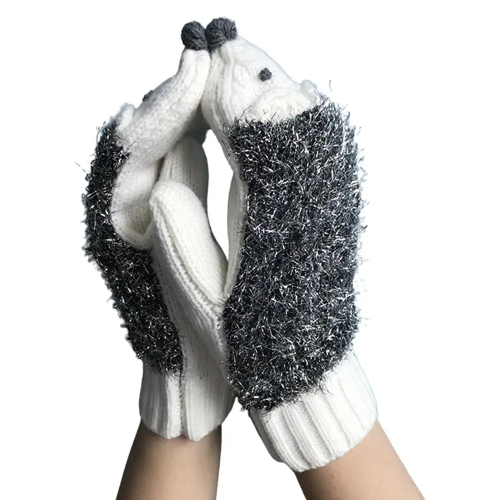 

Cartoon Warm Knit Mittens Warm Soft Hedgehog Mittens For Winter Full Finger Hand Knitted Gloves for Women Men Teens Gift
