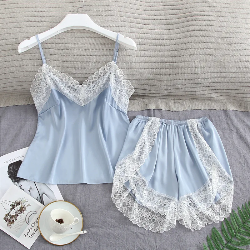 Пижама женская на тонких бретельках кружевная Сексуальная атласная пижама топ