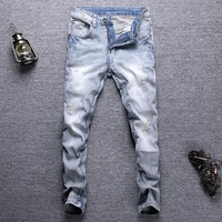 korean style fashion men jeans retro light blue elastic slim ripped jeans men streetwear embroidery designer casual denim pants