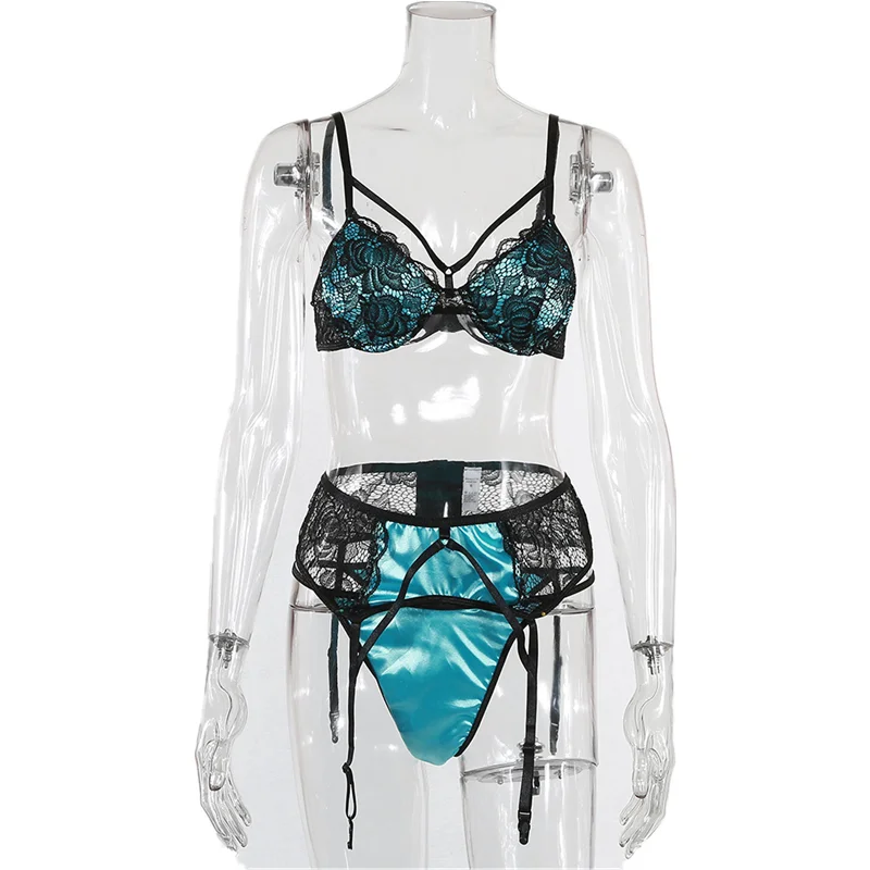 

2021 New Lace Flower Backless Bra Set Woman 2 Pieces Fashion Ladies Teddy Lingerie Gauze Underwear Lingerie Set With Garter Hot