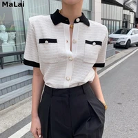 short sleeve x479 plaid knitted blouse women vintage elegant single breasted shirts turn down collar ice silk knit summer tops