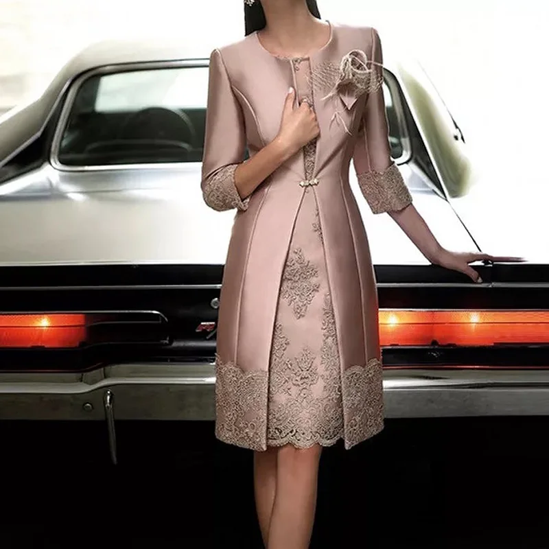 

Dusty Rose Two Pieces Mother of the Bride Dresses Knee Length with Jacket Mother Dresses High Quality Wedding Party Evening Gown