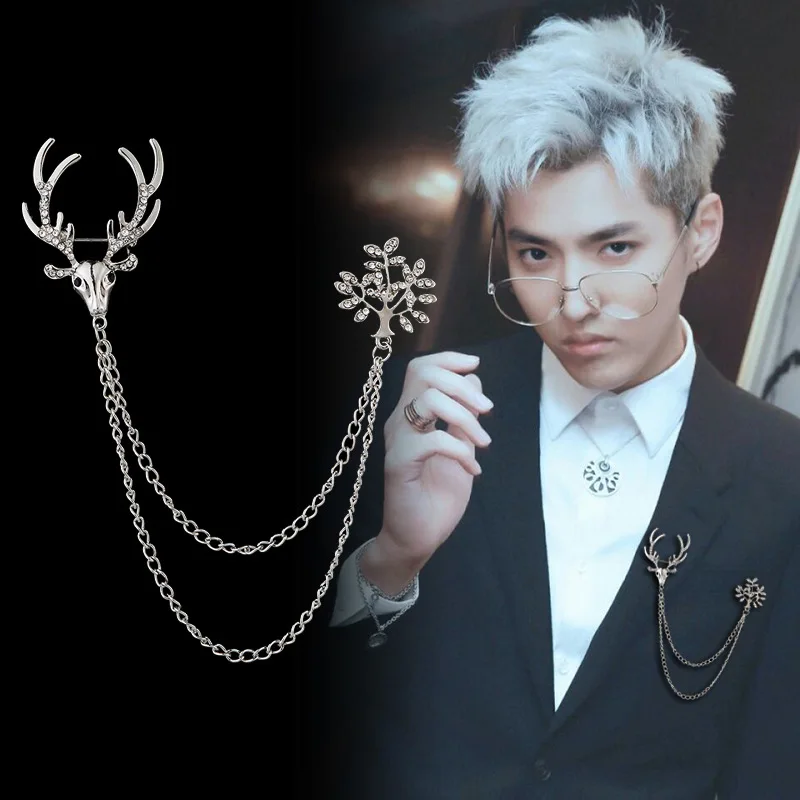 Tassel Small Deer Brooches with Chain Jewelry Luxury Lapel Pins Men's Women's Suits Shirt Collar Button Brooch Pin Accessories |