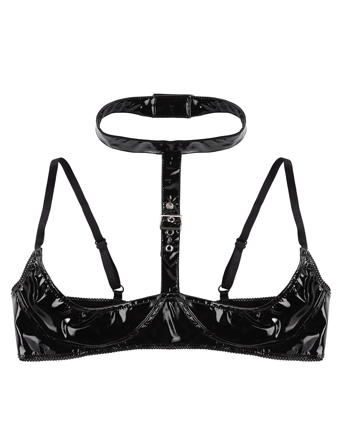 Womens Sexy Lingerie Wet Look Latex Bra Patent Leather Halter Neck Adjustable Spaghetti Straps Open Cups Wire-free Shelf Top |