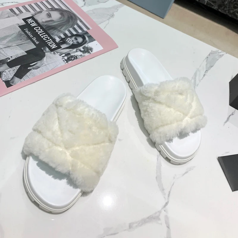 

2021 The New Ladies Brand Sheepskin Slippers Autumn and Winter Furry Flat Slippers Indoor Slippers Designer Muller Slippers