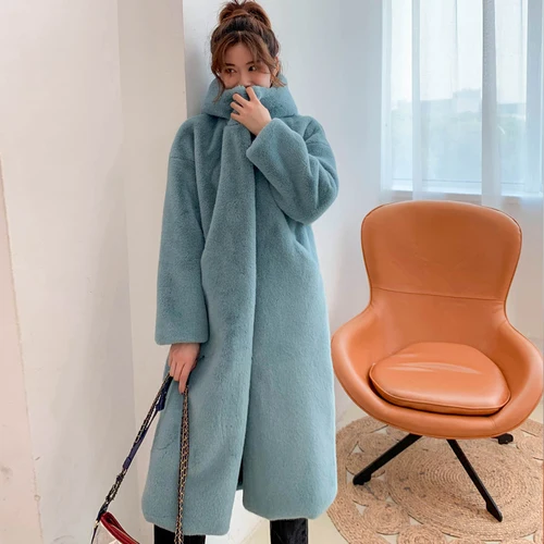 ice blue 8 цветов,, зимние толстые теплые женские пальто с искусственным мехом большого размера, Длинная Верхняя одежда с капюшоном из искусственного меха норки, w2002 - Цвет: ice blue