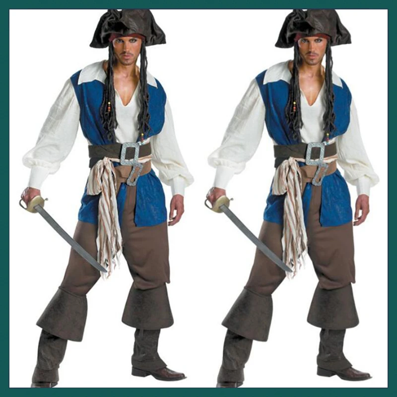 2021 Halloween Mens High Seas Pirate Costume 7pcs Captain Jack Sparrow Cosplay Suit Carnival Party Fancy Male Outfit