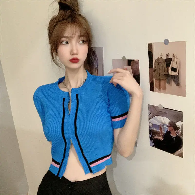 

White short two way zipper pit stripe knitted cardigan T-shirt for women slim and slim short sleeve crew neck top summer