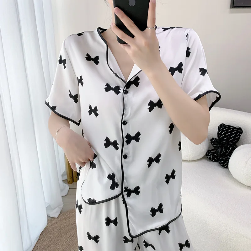 

Casual Satin Sleepwear Women Pajamas Set Lounge Wear Solid Shirt&Pants Two Piece Nightwear Soft Intimate Lingerie Homewear