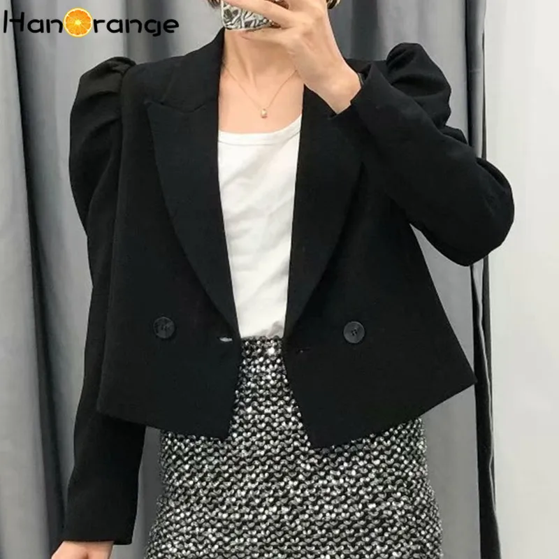 Женский короткий Блейзер с пышными рукавами однотонный двубортный свободный топ