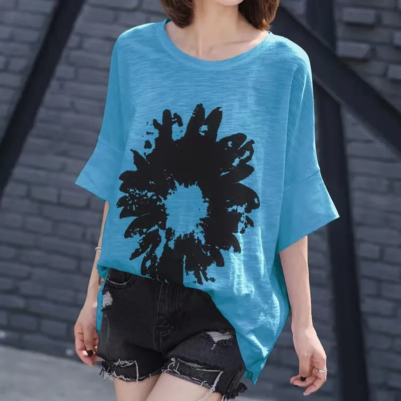 

2021 New Arrival Summer Women Loose Casual Short Sleeve O-neck T Shirt All-matched Batwing Sleeve Print Cotton T-shirt W299