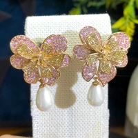 kellybola trendy luxury high quality flower pearl pendant earrings cz zircon bridal wedding banquet anniversary daily jewelry