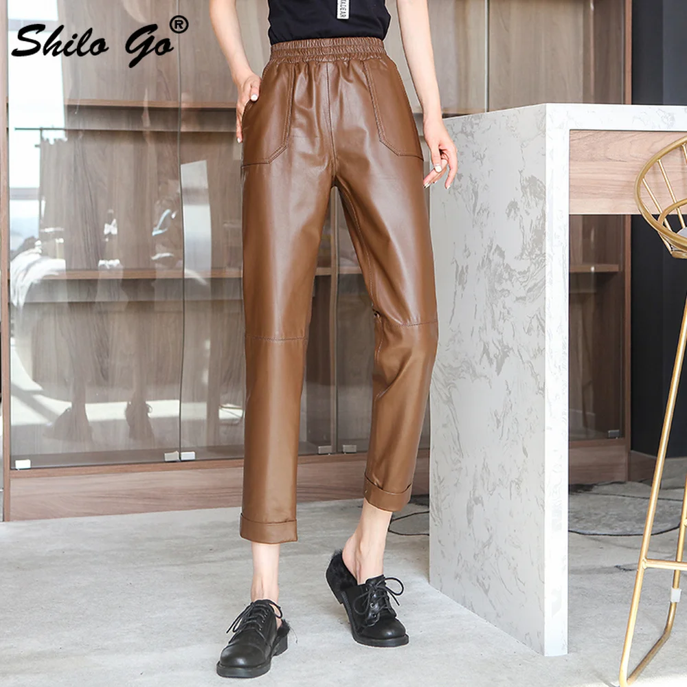 

High Streeet Solid Pencil Pants Womens Winter Elastic High Waist Genuine Leather Straight Pants Office Lady Sheepskin Trousers