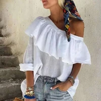 summer sexy off shoulder ruffle short sleeve casual loose t shirts white women elegant solid pullover tops o neck tshirt new