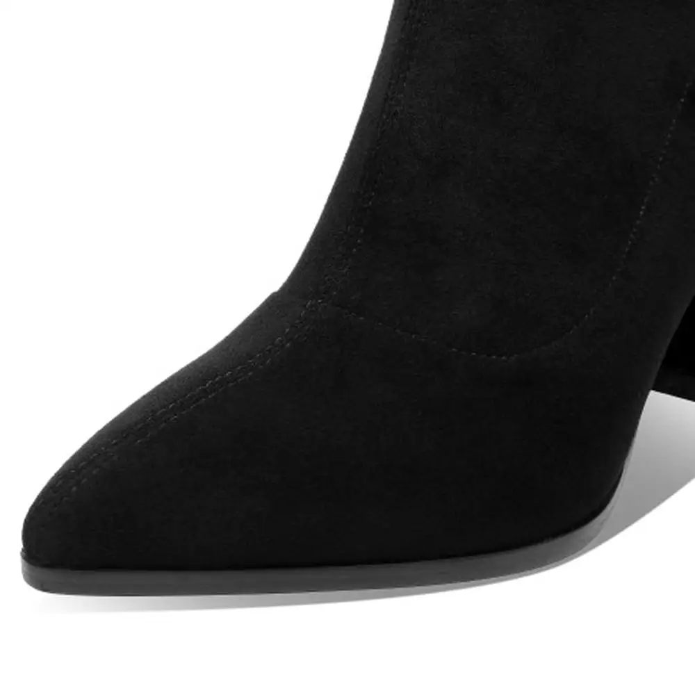 

Female Genuine Woman Pointed Toe Shoes Handmade Ankle Black Stretch Fabric Boots Rubber High Heels Handmade Riding Normal Size