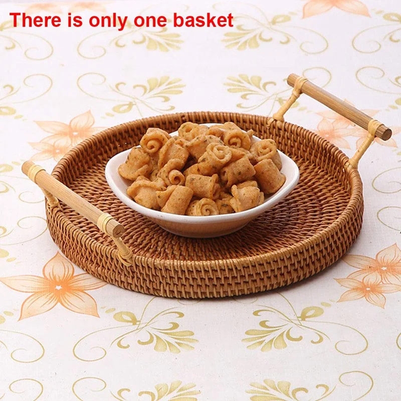 Rattan Storage Tray Round Basket with Handle Hand-Woven Wicker Bread Fruit Food Breakfast Display L | Дом и сад