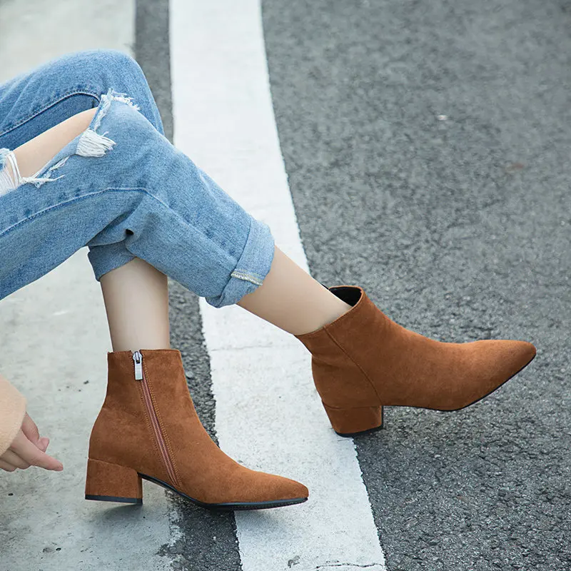 

2021 New Flock Side Zipper Ankle Boots Pointed Toe Autumn Winter Women Shoes High Heel Keep Warm Short Boots Big Size 34-43