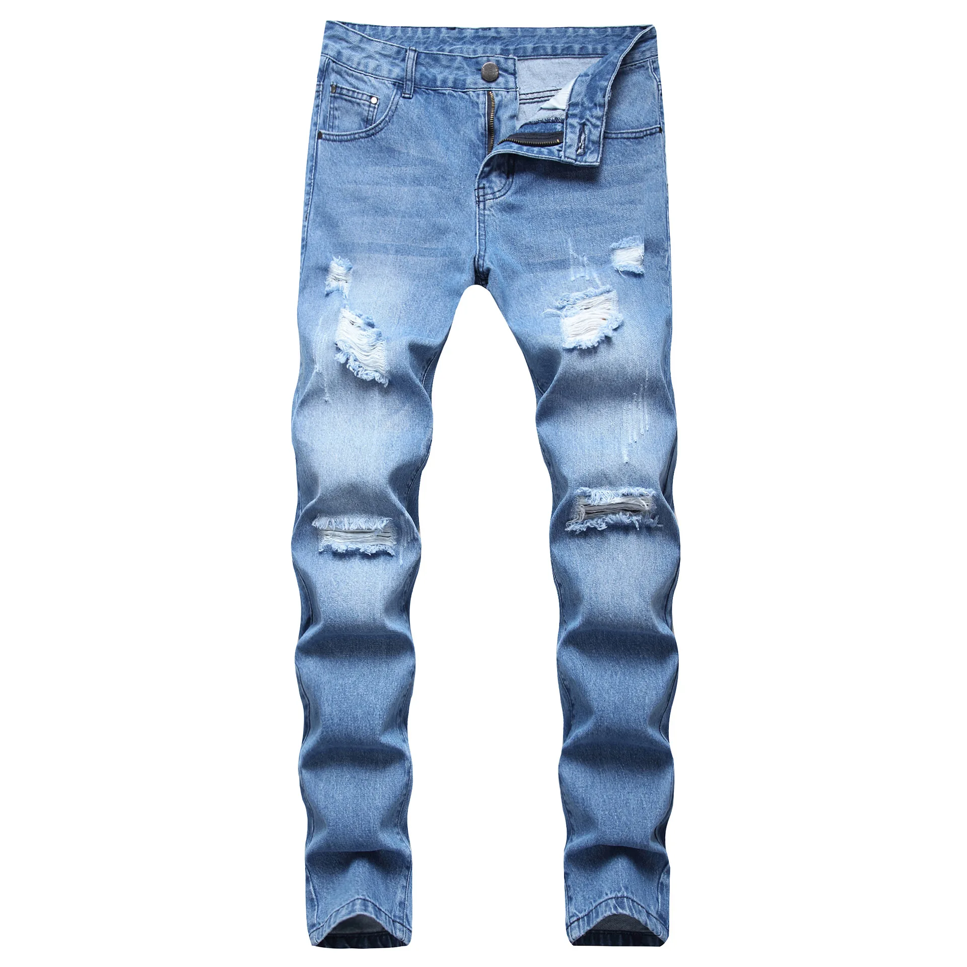 

Men's Jeans New Straight Slim Ripped Cotton Denim Hole Trousers