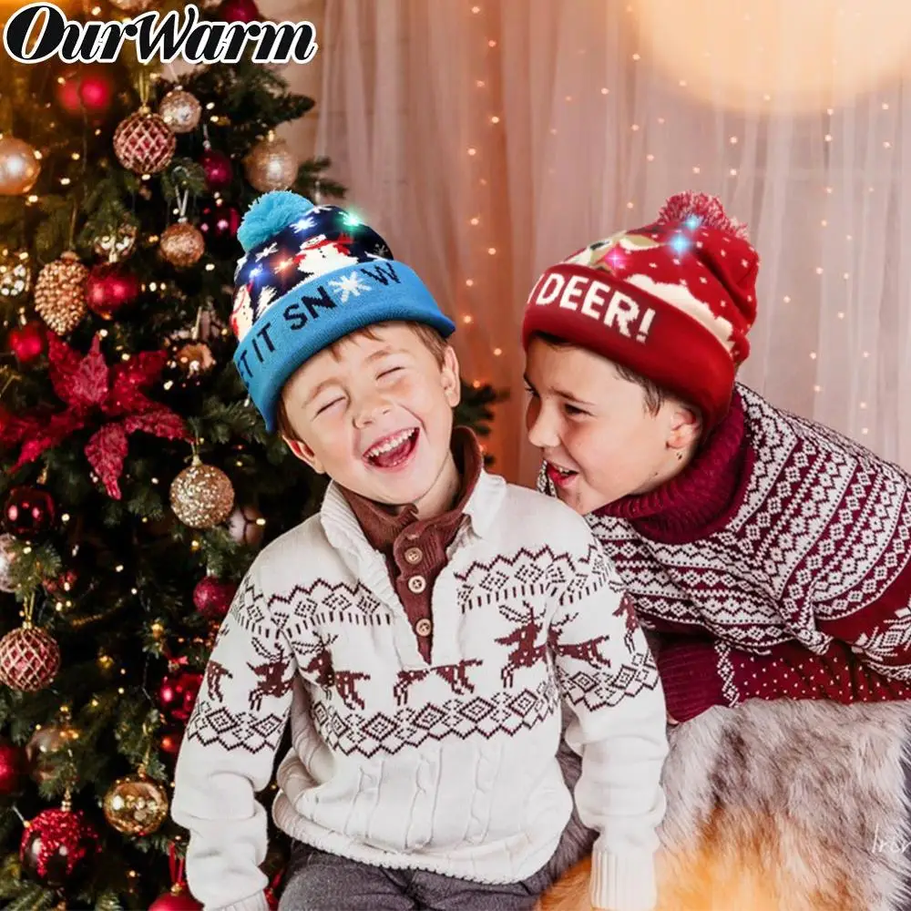 Теплый светодиодный вязанная Рождественская шапочка для детей и взрослых