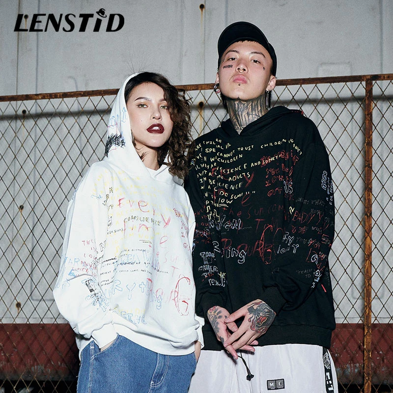 LENSTID 2020 Весна Харадзюку худи с граффити свитшоты мужские хип хоп пуловеры