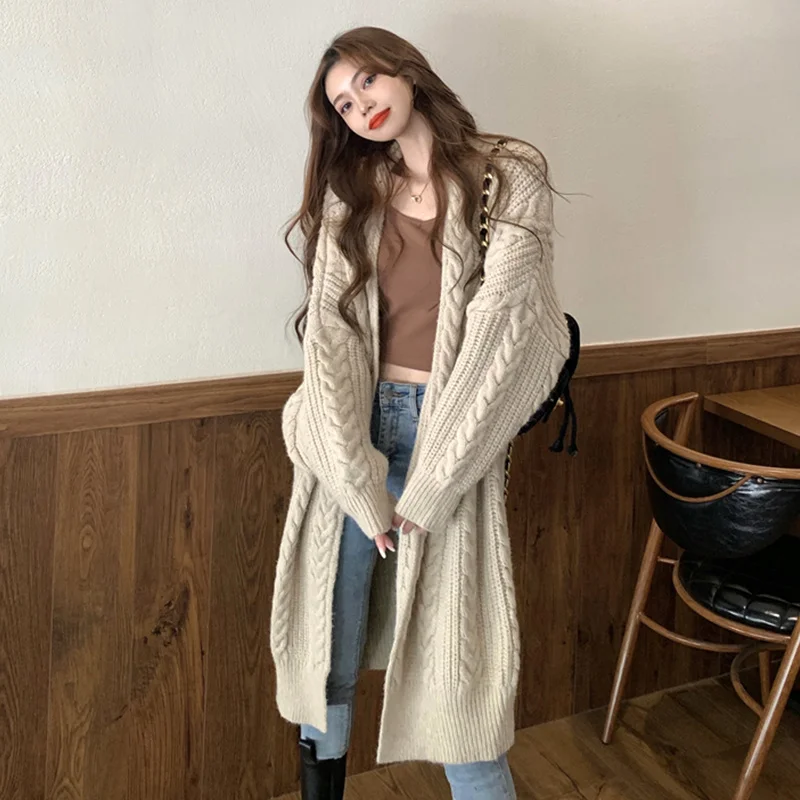 Twist Sweater Coat Women's Spring and Autumn 2021 New Loose Outer Wear Design Sense of Medium Long Knitted Cardigan | Женская одежда