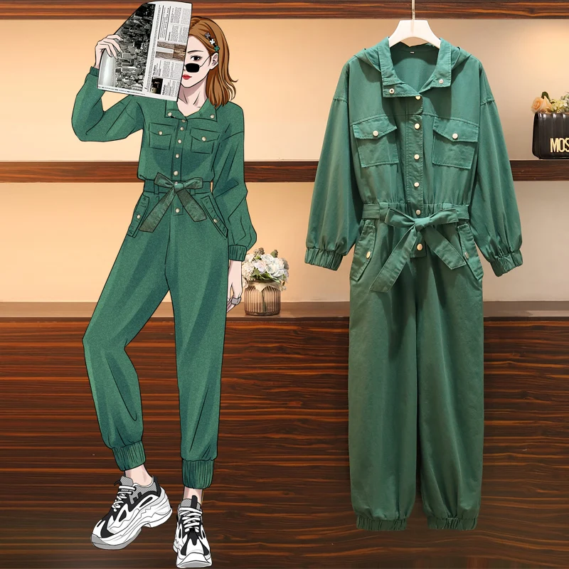 Женский свободный комбинезон с капюшоном и высокой талией в комплекте 2 предмета