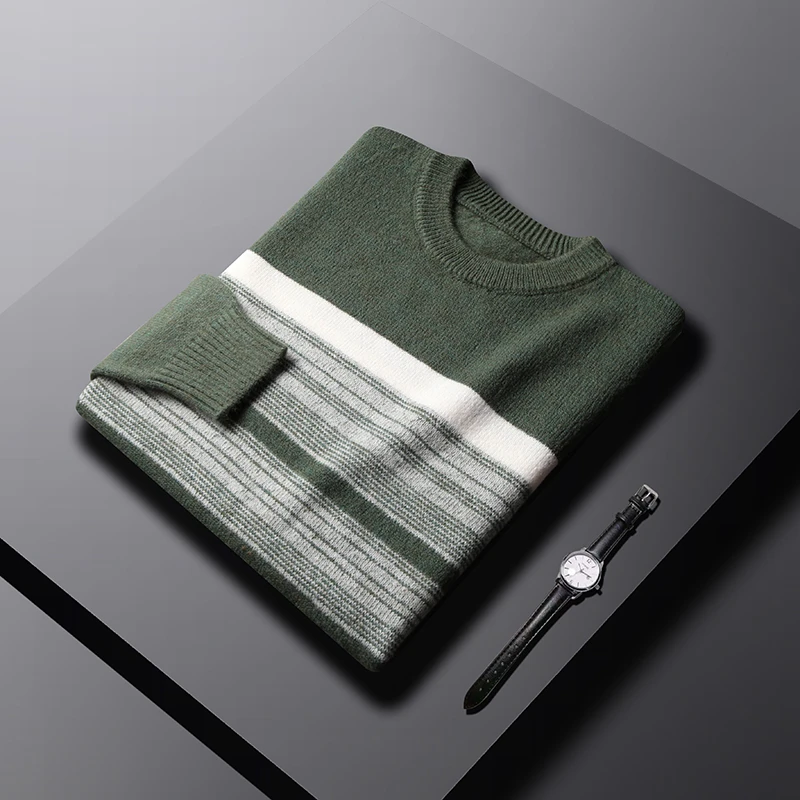 Мужской кашемировый свитер в полоску с длинным рукавом и круглым вырезом |