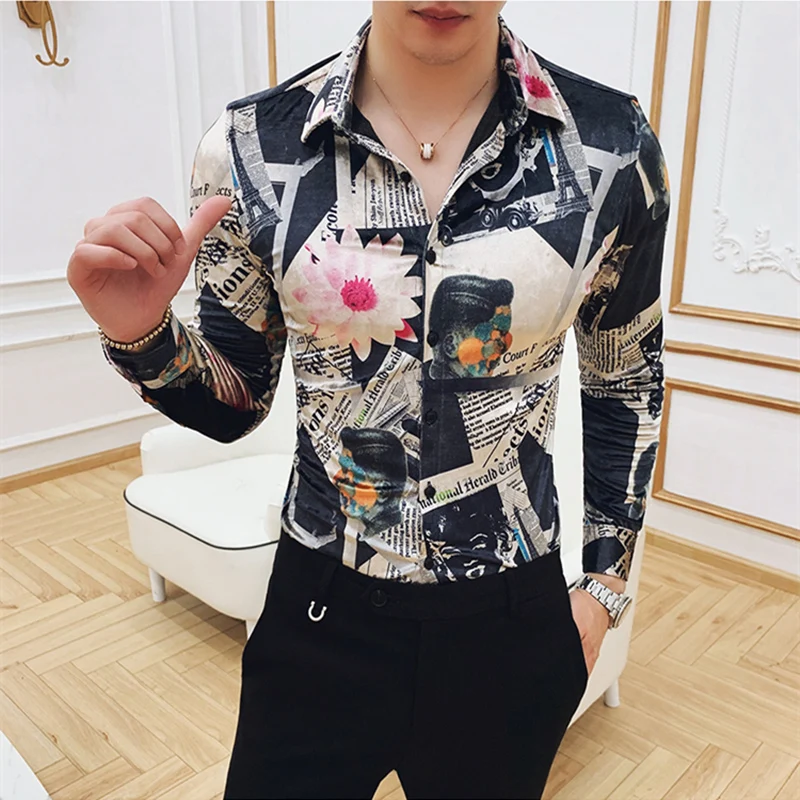 

Winter Classic Print Shirts For Men Floral Newspaper Pattern Men's Gold Velvet Thicken Slim Long-Sleeved Shirt Male V595