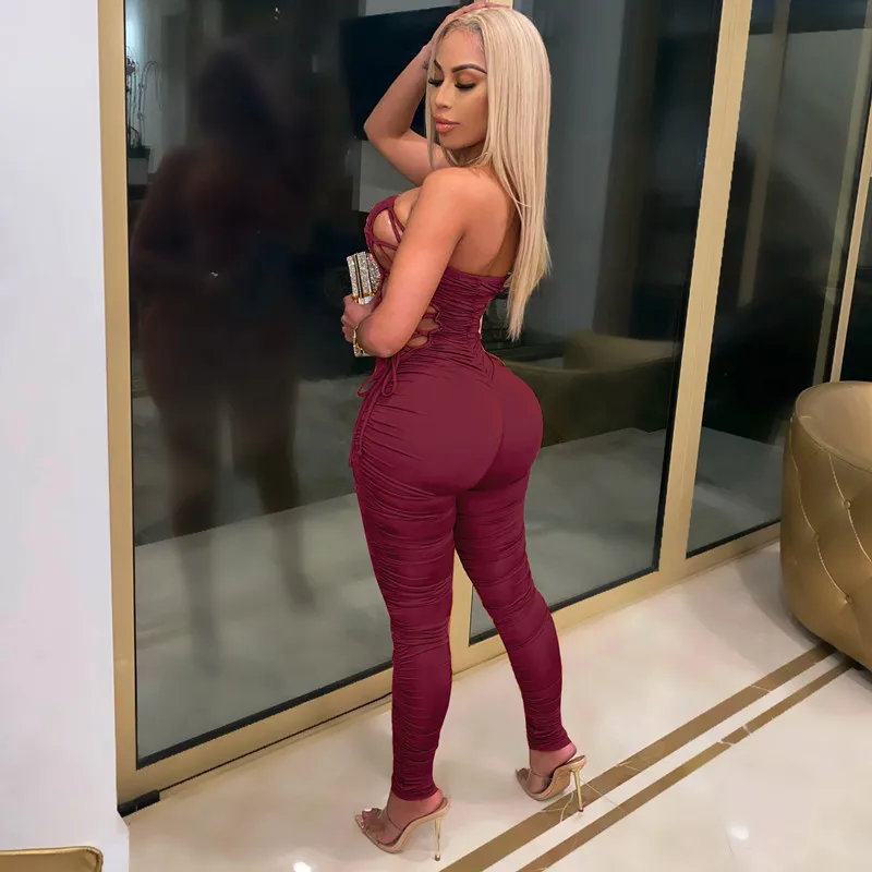 New 2021 Fashion Women Ruched Strapless Jumpsuits Low Cut Off Shoulder Sleeveless Skinny Lace Up Bandage Rompers Sexy Party Club