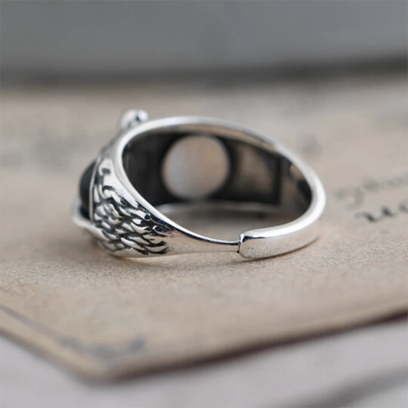 

925 Sterling Silver Demon Eye Owl Ring Retro Vintage Head Ring for Men Women Adjustable Band Ring Size 8-10 LXH
