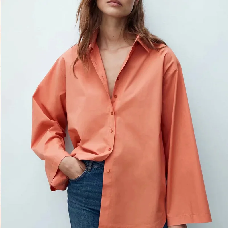 

Женская свободная рубашка Za, Повседневная блузка из хлопкового поплина оверсайз, винтажная рубашка с длинным рукавом, 2021