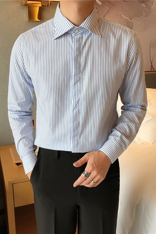 

2020 Men's Shirt Business Casual Formal Dress Shirts Pointed Collar Striped Shirt Men's Long-sleeved Slim Social Party Blouse
