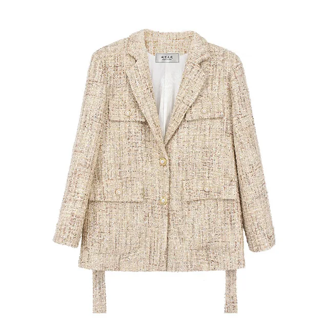 Light Brown Новая модная осенне-зимняя твидовая куртка, пальто для подиума, роскошный высококачественный хлопковый шерстяной Блейзер, Женская шерстяная одежда, верхняя одежда - Цвет: Light Brown