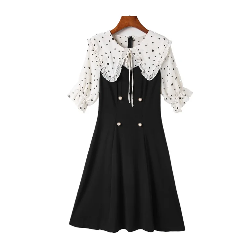 

2021 Summer Lotus Leaf Collar Women Dress Temperament Sweet Wave Dot Lantern Sleeve A Line Stitching Female Skirt