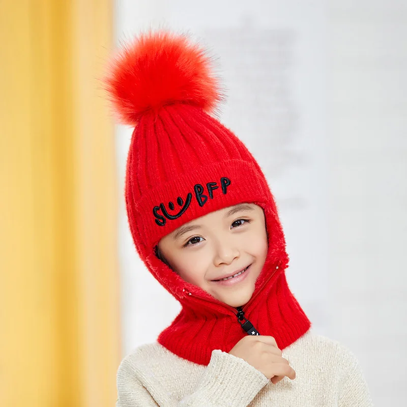 child red Комплект из 2 предметов, вязаная шапка и шарф, шапка с помпоном и помпоном, Женская Толстая шапка, зимняя теплая Милая модная шапка на молнии с надписью для девочек - Цвет: child red