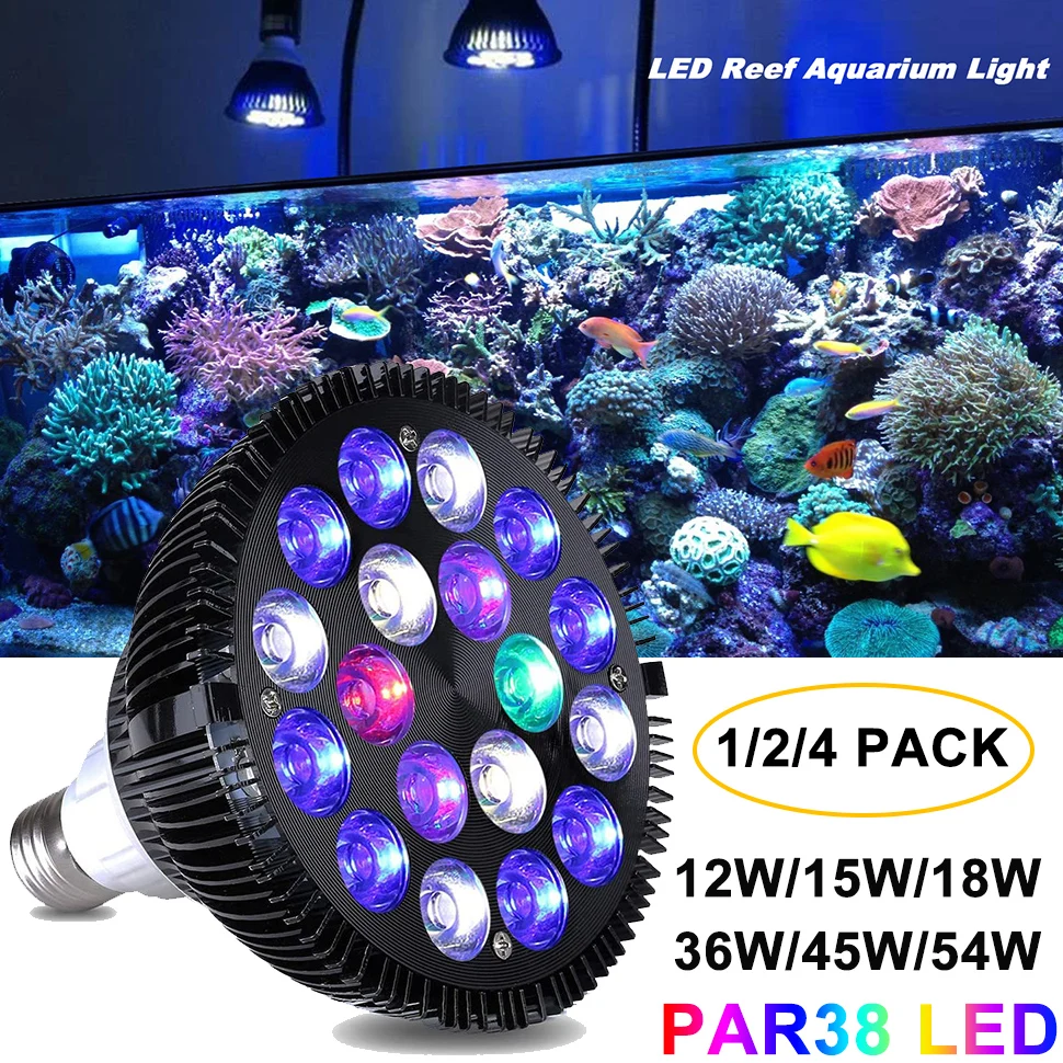 Bombilla LED para acuario, foco de luz PAR38 de 12W-54W, espectro completo, 1/2/3/paquete