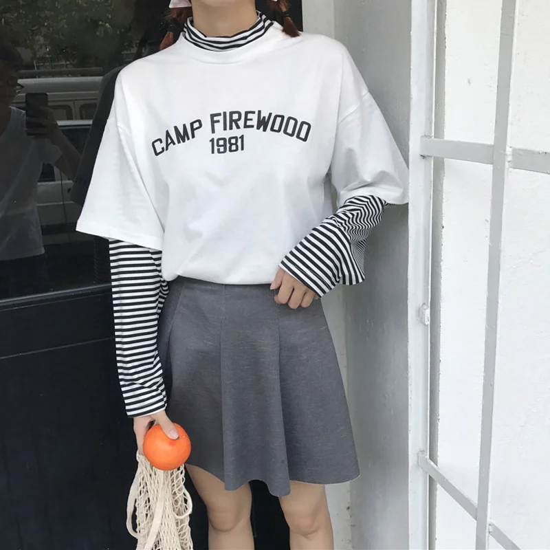 LERFEY Women T-shirts Tunic Korean Harajuku Vintage Striped Long Sleeve T-shirt Female Ulzzang Patchwork Tees Casual Loose Tops | Женская