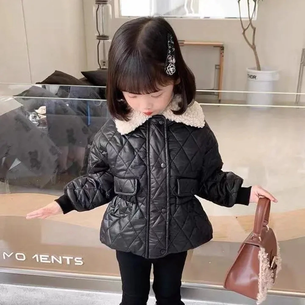 

Toddler Girl Winter Coat Chidlren Black Cotton Padded Warm Jacket For Girls Turn Down Collar Short Parkas Jackets Girls Outwear