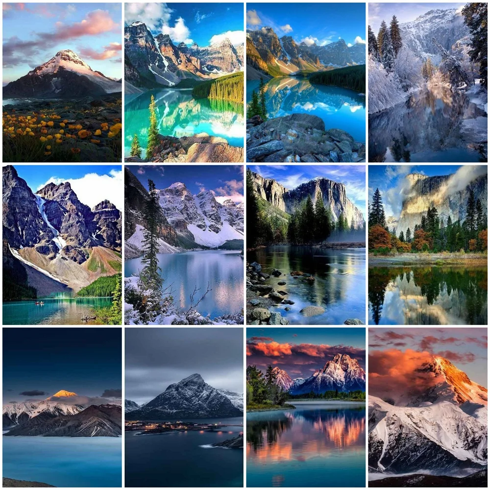 

HUACAN Oil Painting By Numbers Lake Landscape Wall Art Hand Painted Picture By Numbers Mountian For Living Room