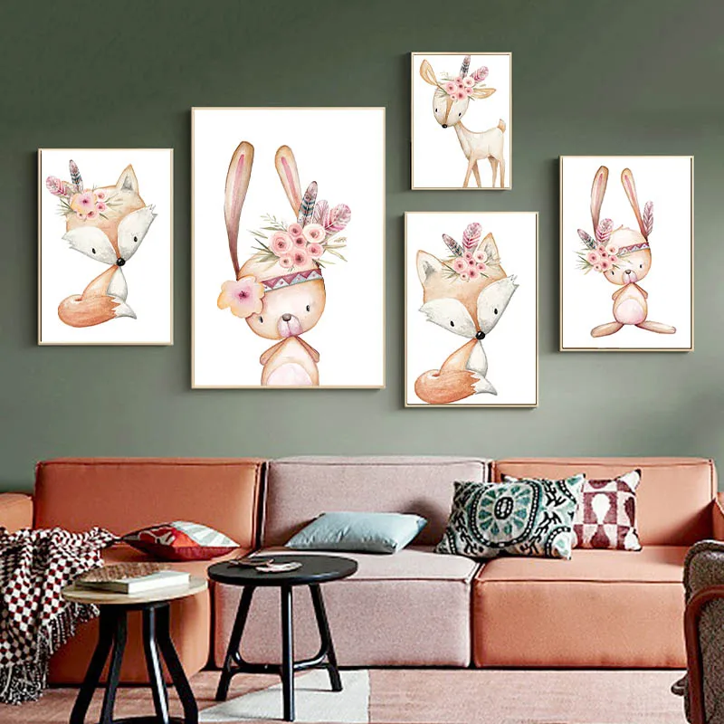 Скандинавский милый рисунок оленя на холсте лисы мультяшный с животными